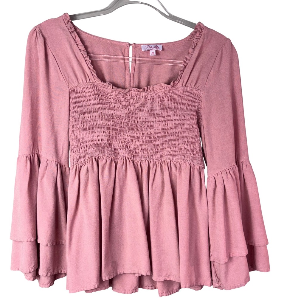 Pink Lily Smocked Ruffle Bell Sleeve Top Square Neck Blouse Mauve Medium